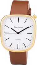 Leren Dames Horloge - Vierkant - Bruin & Goud - Carsidun