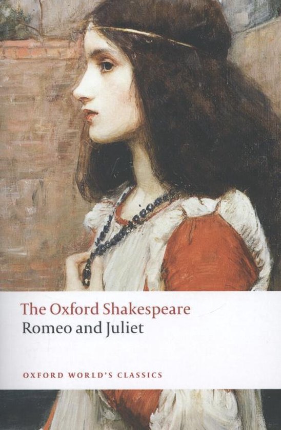 De Oxford Shakespeare Romeo en Julia. Een schilderij van een vrouw met lang bruin haar en een rode jurk, met de titel 'The Oxford Shakespeare Romeo and Juliet'.