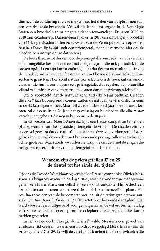 Pagina met tekst over priemgetallen, cicaden en muziek. De tekst is in het Nederlands.