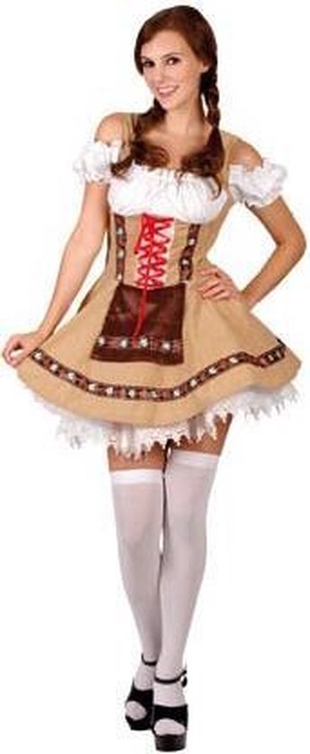 Kort Dirndl Tiroler jurkje Heidi beige - maat 34-36 XS-S - jurk bruin Oktoberfest Tirol bierfeest