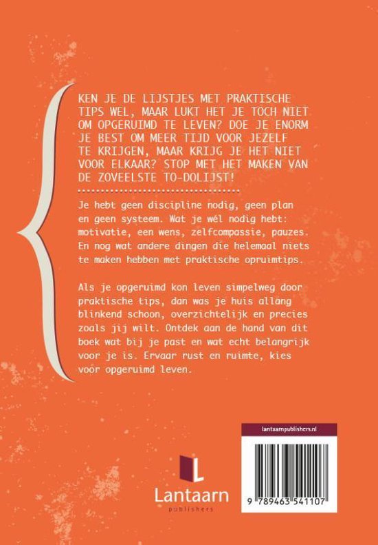 Achterkant boek 'How to be organized' met oranje achtergrond en tekst over opruimen.