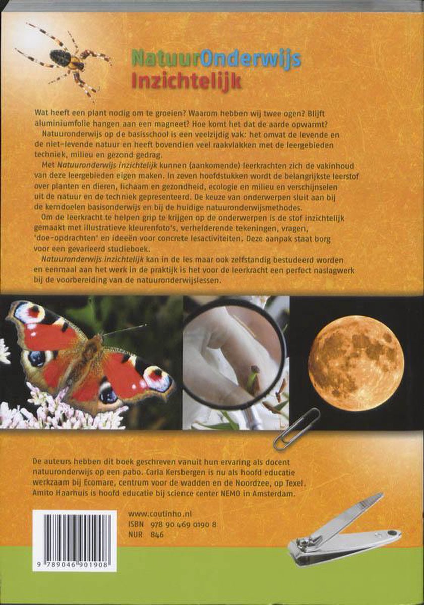 Boek "Natuuronderwijs InZichtelijk" met een spin, vlinder, vergrootglas, maan en schaar.