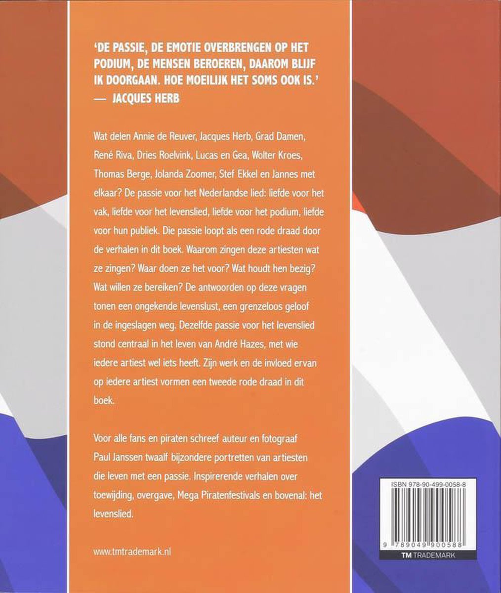Achterkant boek 'Levenslied' met tekst en auteursinformatie. In de rechterbenedenhoek de titel 'TM TRADEMARK'.