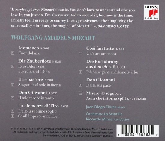 CD-hoes met tracklist van Mozart, gezongen door Juan Diego Flórez. Sony Classical.