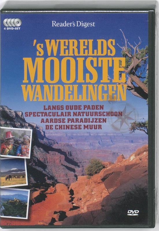DVD-cover 's Werelds Mooiste Wandelingen, met een afbeelding van een canyon, Inca-ruïnes en portretten van mensen.