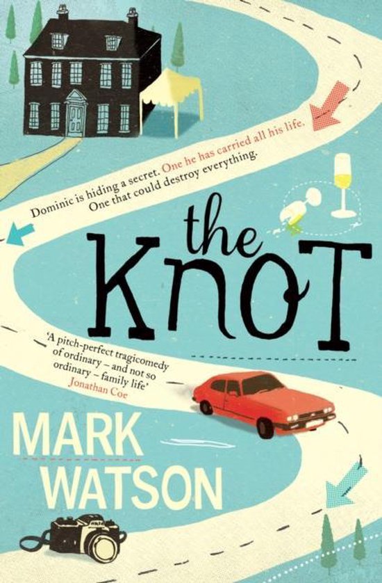 Boek 'The Knot' van Mark Watson. Een rode auto, een huis, een camera en een glas champagne op een kronkelende weg.