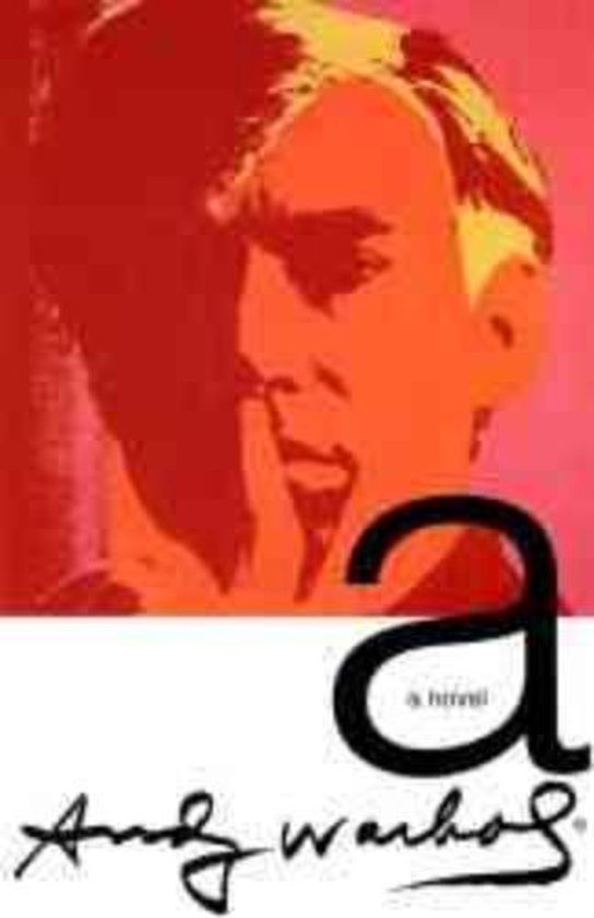 Poster met een portret van Andy Warhol in rood en oranje tinten. De tekst "a" en "a htrini" staan onderaan.