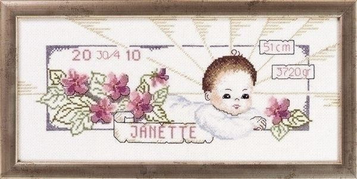 Permin geboortetegel Janette 12 8656, borduurpakket geboorte meisje ca. 38 x 17 cm