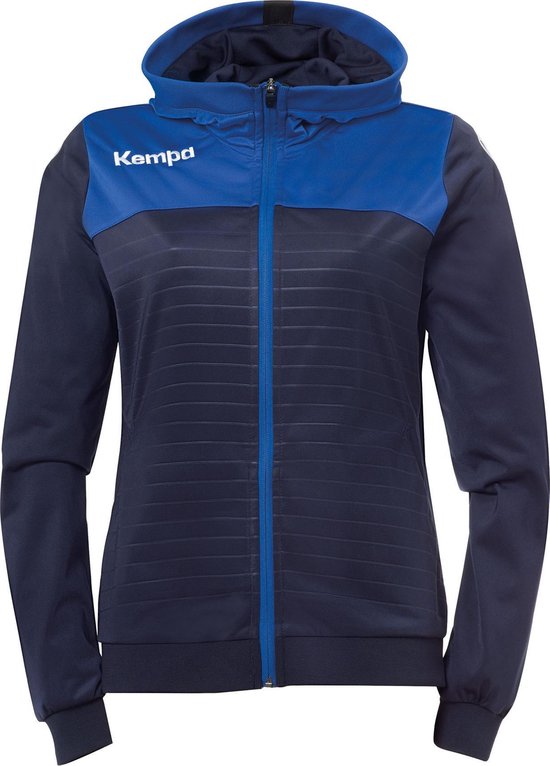 Donkerblauwe sportjas met capuchon en een contrasterend blauw paneel op de borst. Met Kemp Logo.