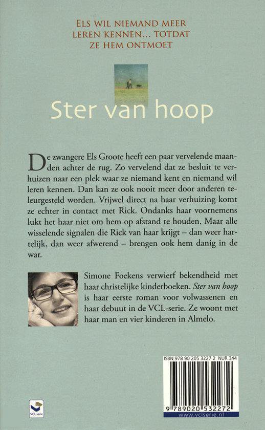 Achterkant van een boek met de titel 'Ster van hoop'. Een kleine foto van een lachende vrouw met bril is zichtbaar.
