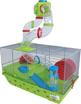 VT hamsterkooi met buis en stickers, grijs/groen. Afmetingen: 51,5x31,5x60 cm.