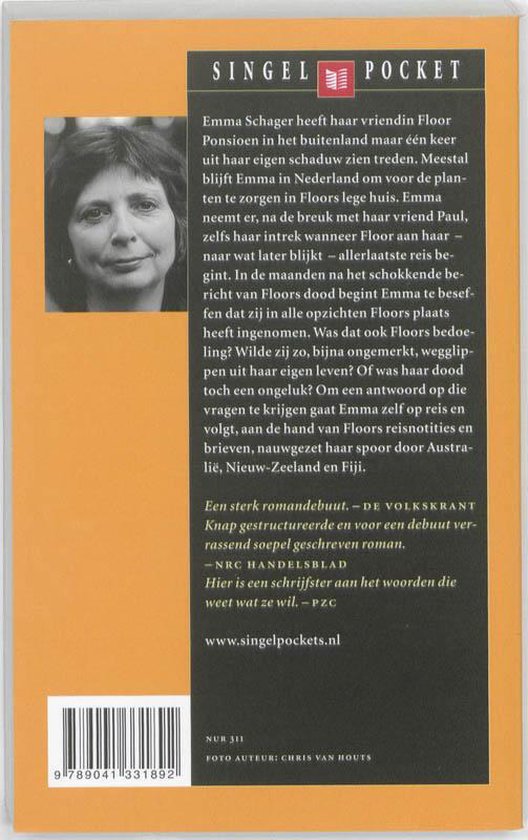 Achterkant van het boek "Zuiderkruis", met een portret van Emma Schager en tekst.