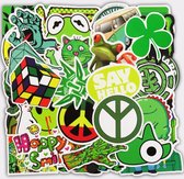 Mix van 50 groene stickers voor laptop, skateboard, tas, telefoon etc. Wietblad, Vegan, High sticker
