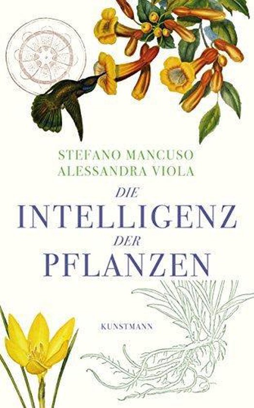 Boek 'Die Intelligenz der Pflanzen' met afbeeldingen van planten, een kolibrie en een cirkelvormige illustratie.