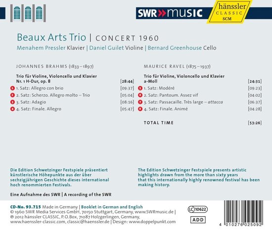 CD-hoes met titels en artiesten: Johannes Brahms, Maurice Ravel, Beaux Arts Trio, Trio Recital 1960. Gemaakt in Duitsland.