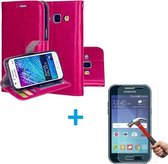 Samsung Galaxy J1 2015 Portemonnee hoes roze met Tempered Glas Screen protector