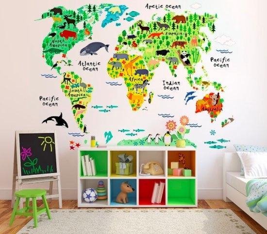 Milieuactivist Caroline opschorten Muursticker wereldkaart kind - dieren | babykamer - kinderkamer | modern -  kleurrijk | bol.com