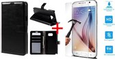 Hoesje geschikt voor Samsung Galaxy S6 - Lederen TPU Wallet Case Zwart - Portemonee Hoesje - Book Case - Flip Cover - Klap - 360 beschermend Telefoonhoesje + Tempered Glass Screenprotector 2,5D 9H (Gehard Glas)