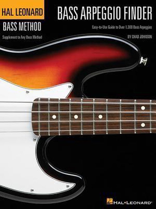 Livre "Bass Arpeggio Finder" avec un gros plan sur une guitare basse blanche avec un sunburst orange et rouge.