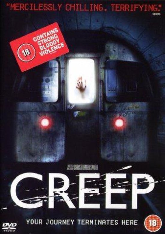 Een enge poster voor de film 'Creep' met een hand die uit een metrodeur steekt. Bevat sterke bloederige beelden.