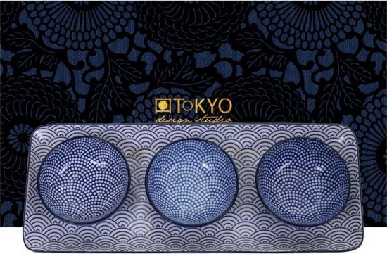 Tokyo Design Studio - Nippon Blue Serveerschaal met 3 dipschaaltjes - Geschenkdoos - Tokyo Design Studio