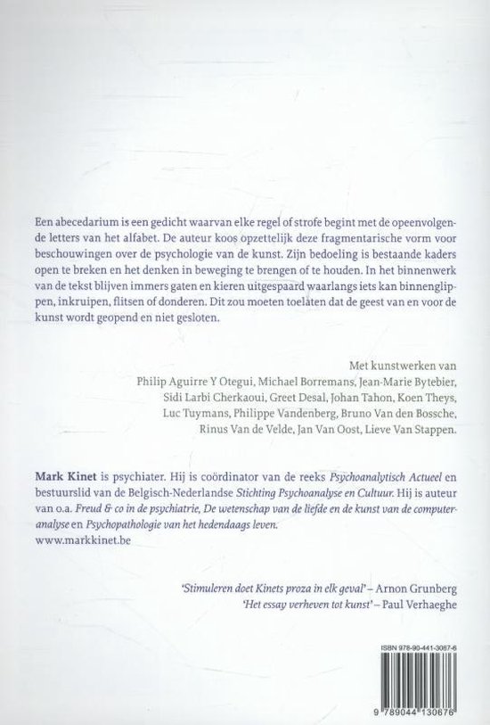 Achterkant van het boek 'Een abecedarium', met tekst over de auteur en andere kunstwerken.