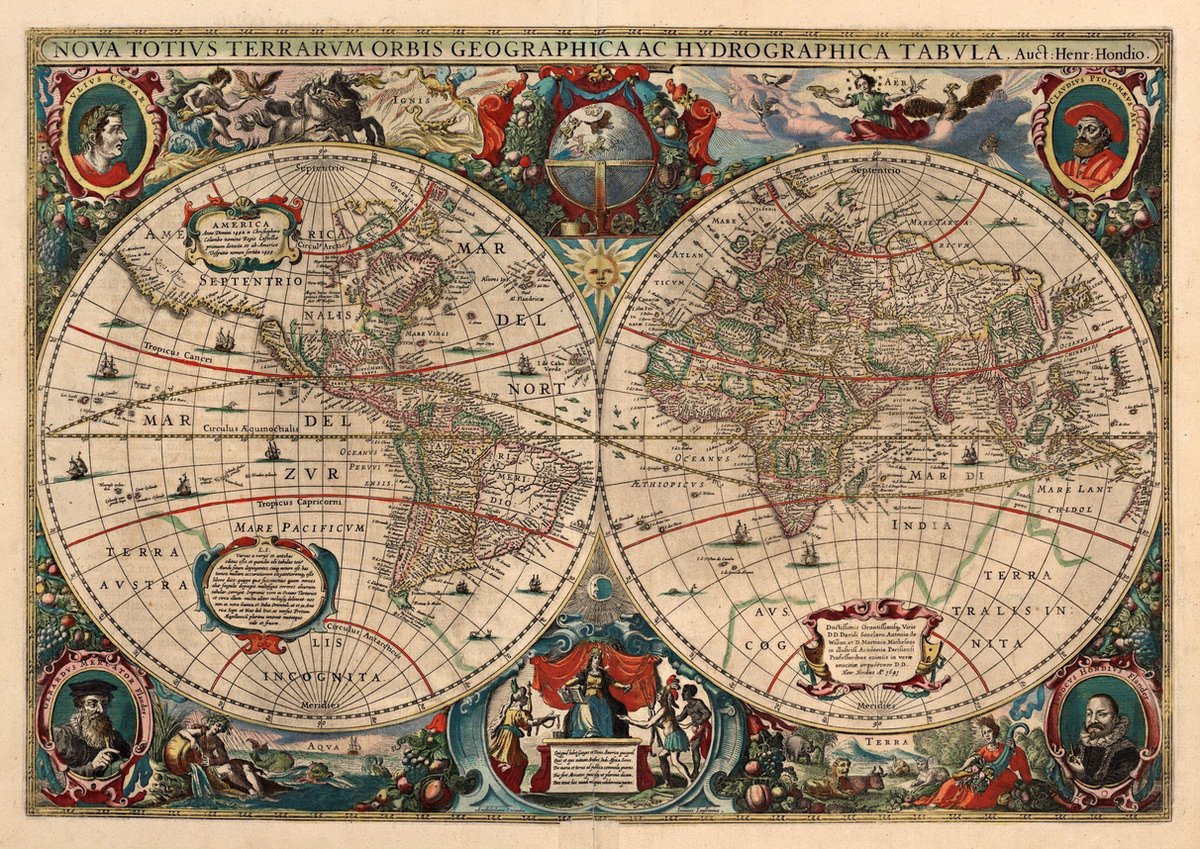Poster Historische Wereldkaart uit 1663 - Henricus Hondius - Geografie  50x70 cm | bol.com
