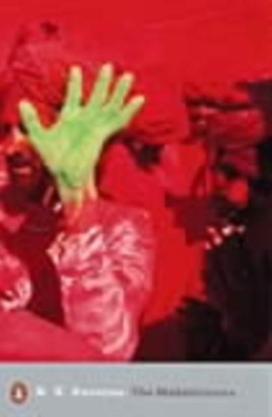 Boekomslag met een groene hand die een gezicht verbergt, tegen een rode achtergrond met figuren.