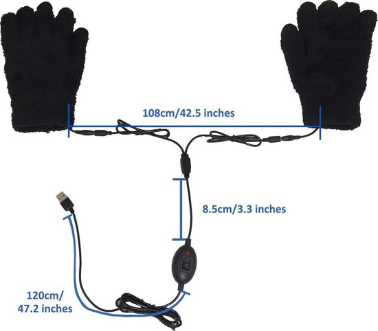 Afmetingen van de zwarte verwarmde handschoenen met snoeren en USB-kabel.