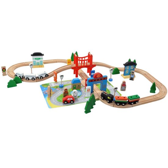 Bandits & Angels Houten Treinset 80 delig met Grondplaat vanaf 3 jaar voor Jongens en Meisjes - Trein Set met 80 delen - inclusief 1 Trein en Grondplaat - Treinbaan voor Kinderen met Accessoires