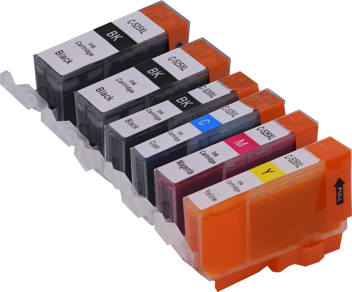 KATRIZ huismerk inkt voor Canon 2X PGI525BK + 1X CLI 526BK + 1X CLI 526 Cyaan + 1X CLI 526 Magenta + 1X CLI 526 Geel (6stuks)  - Met chip