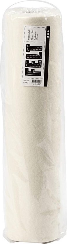 Rol off-white hobbyvilt van 45 cm x 5 m in doorzichtige verpakking met etiket.