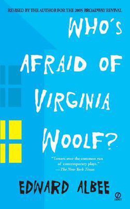 Couverture du livre 'Who's Afraid of Virginia Woolf?' en lettres blanches sur fond bleu, avec des fenêtres jaunes.