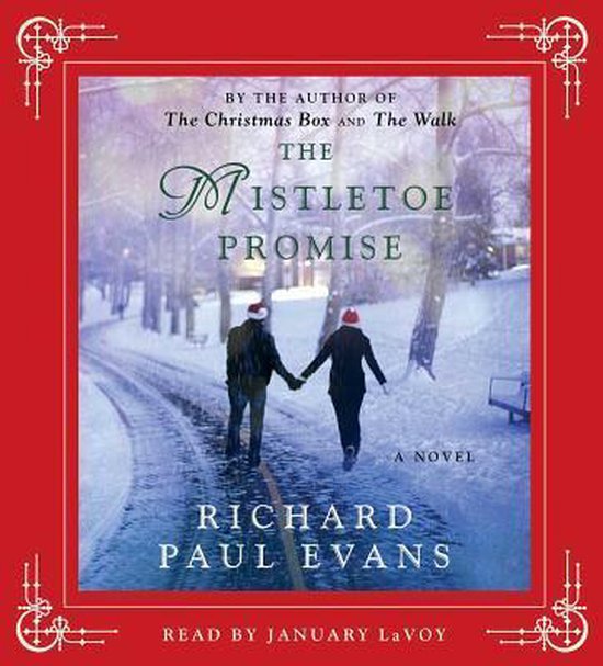 Boek kaft met de titel 'The Mistletoe Promise'. Twee mensen lopen hand in hand over een besneeuwd pad, met rode mutsen en kerstversiering op de achtergrond.