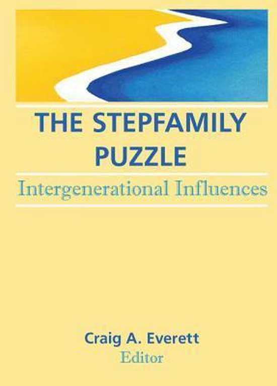Boekomslag met de titel 'The Stepfamily Puzzle' en 'Intergenerational Influences'. Een witte kronkelende weg tegen een achtergrond van geel en blauw.