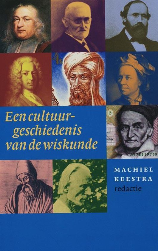 Boekomslag met negen portretten van historische figuren, titel 'Een cultuurgeschiedenis van de wiskunde'.