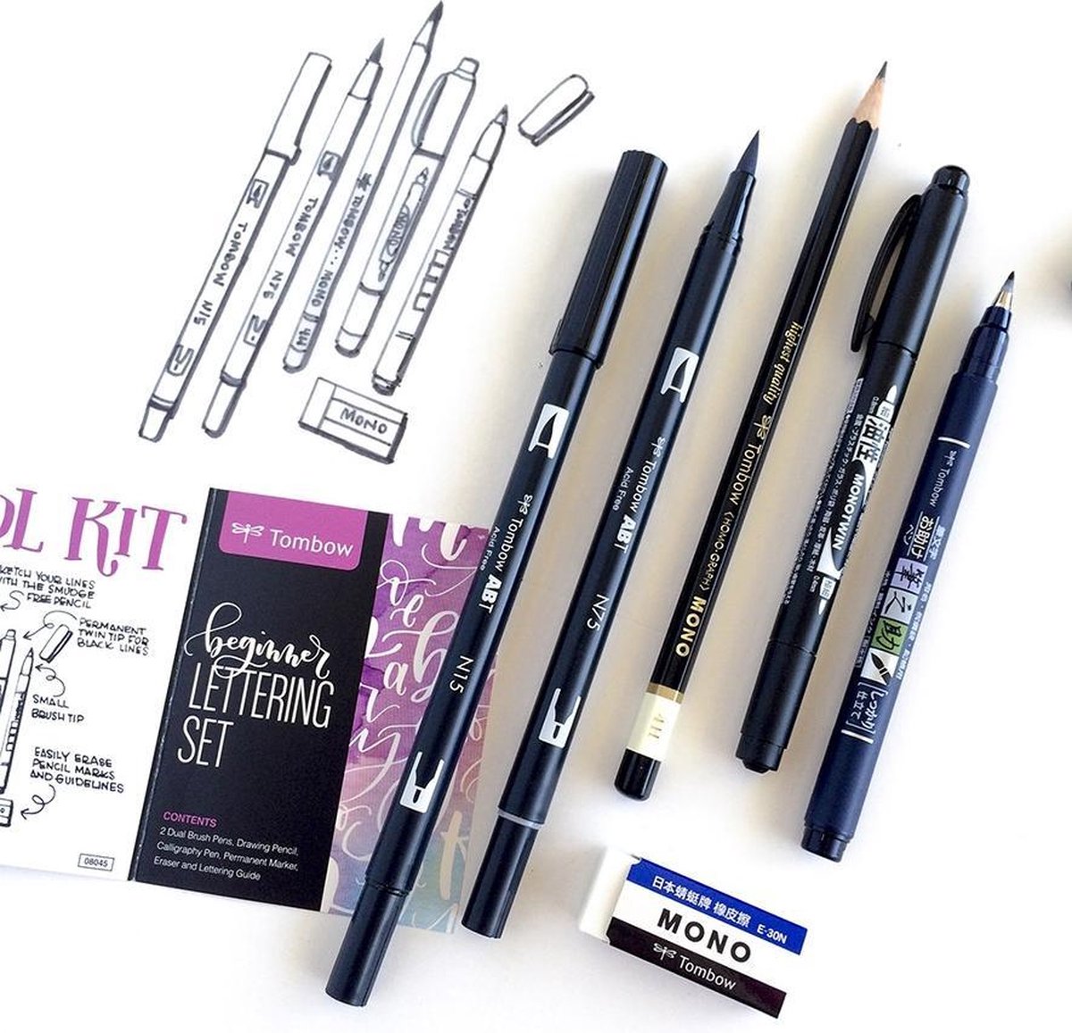 Tombow Handlettering - Beginnersset - Brushpennen - Potlood - Stiften - 6 Stuks — afbeelding 2