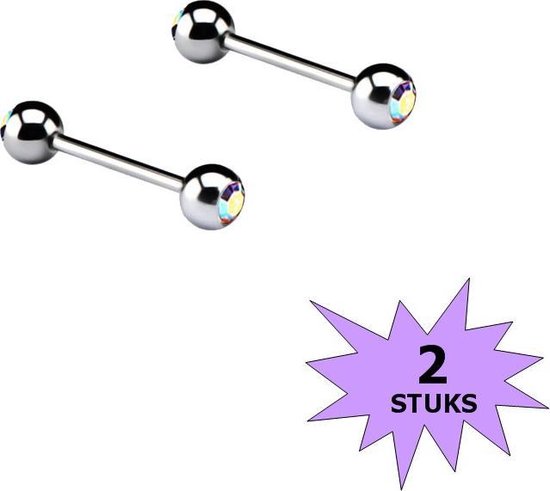 Fako Bijoux® - Barbell Piercing - Kristal - 12mm - Wit MC - 2 Stuks