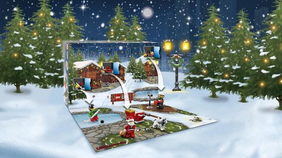 LEGO City Adventskalender 60133 opengeklapt, met 24 deurtjes, kersttafereel en speelfiguren.
