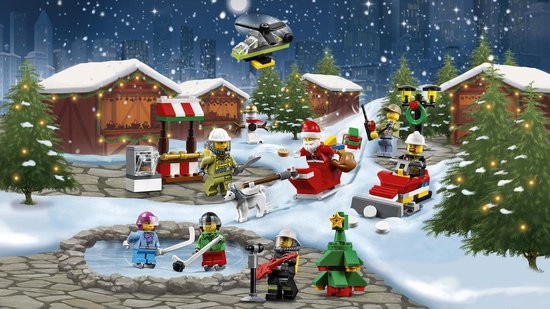LEGO City Adventskalender 60133 met wintermarkt, kerstman, slee en speelfiguren onder de sneeuw.