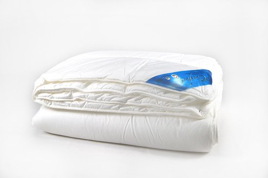 Wit Cara Comfort dekbed, dubbel gevouwen met blauw label.