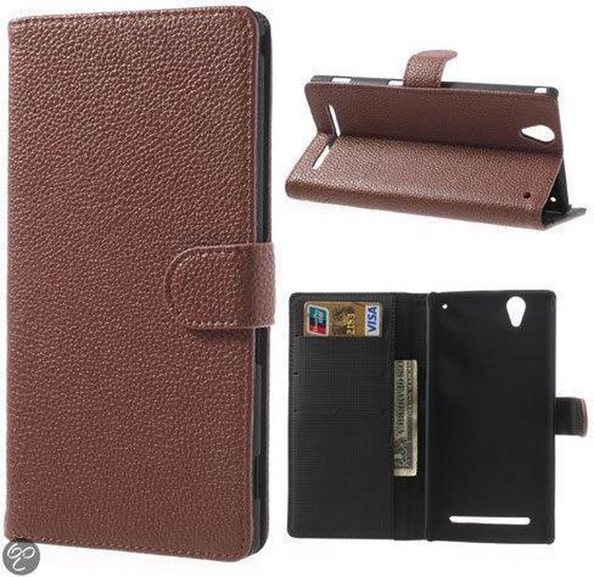 Litchi Wallet case hoesje Geschikt voor: Sony Xperia T2 Ultra bruin