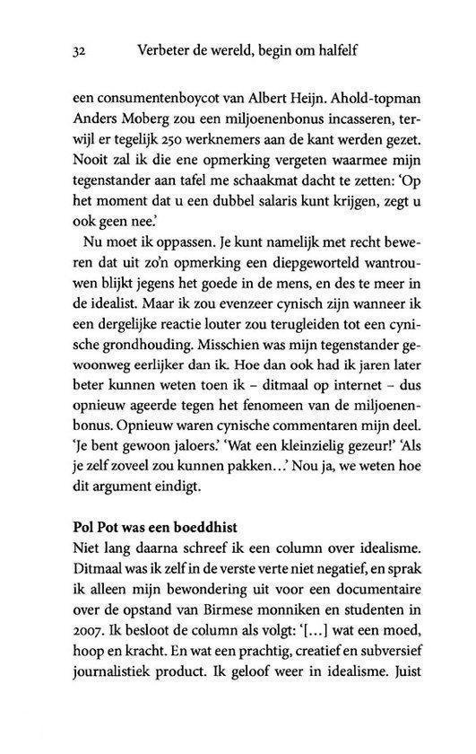 Pagina met tekst uit het boek 'Verbeter de wereld, begin om halfelf'.