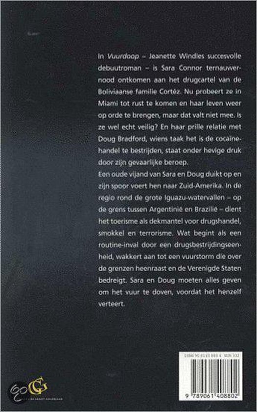 De achterkant van een boek met donkere tekst op een zwarte achtergrond. Titel 'Vuurstorm'.