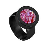 Quiges RVS Schroefsysteem Ring Zwart Glans 17mm met Verwisselbare Roze Vlokjes Schelp 12mm Mini Munt