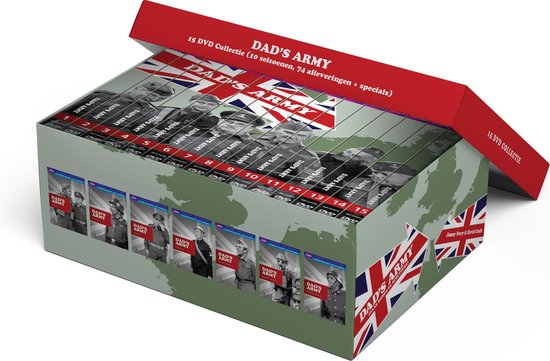 Dad's Army 15-delige DVD-box met 10 seizoenen, 74 afleveringen en specials, in een rood met groene doos.