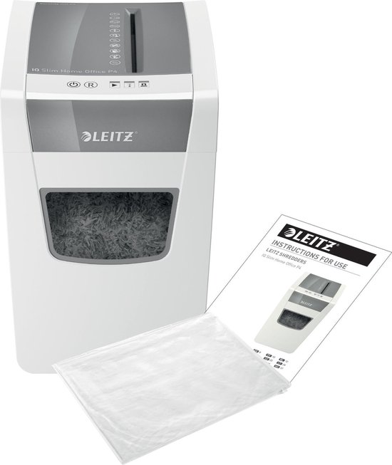 Witte Leitz IQ Slim Home Office P4 papierversnipperaar met handleiding en plastic zak voor snippers ernaast.