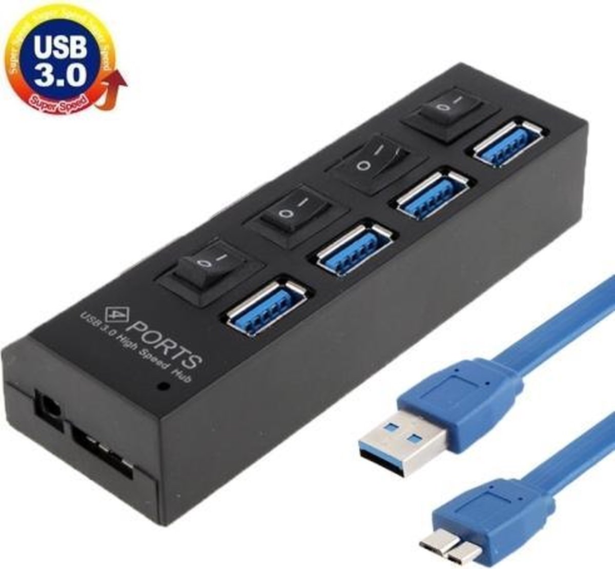 Premium 4-Poorts USB 3.0 Hub splitter High Speed adapter met schakelaars en LED Plug & Play | Zwart