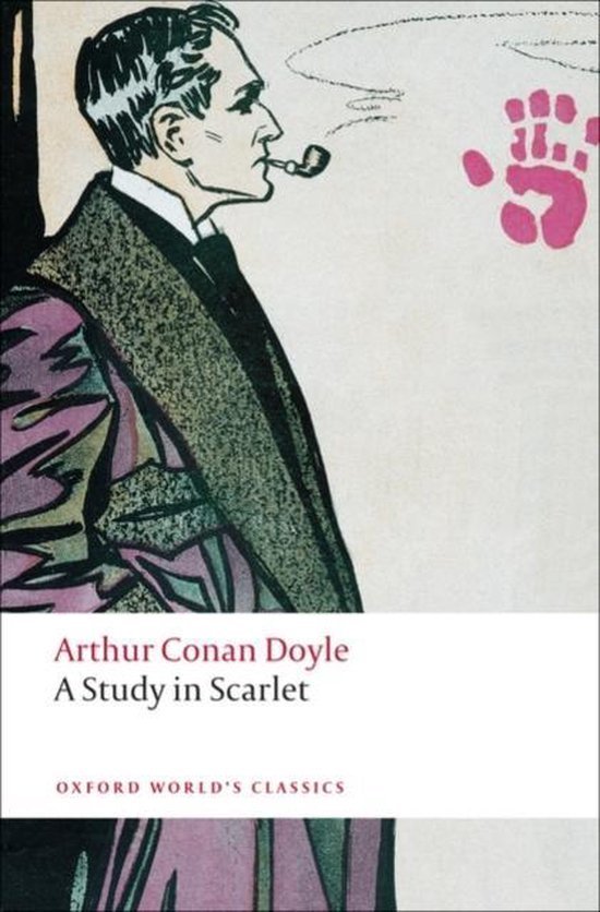 « Une étude en rouge » d'Arthur Conan Doyle, illustrant Sherlock Holmes et une empreinte de main rouge.
