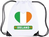 Ierland nylon rijgkoord rugzak/ sporttas wit met Ierse vlag in hart